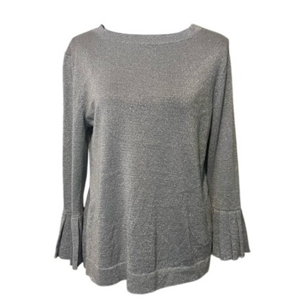 MELISSA PAIGE Petite Silver Metallic Sweater Flared Ruffle Sleeve L NYE Fancy‎